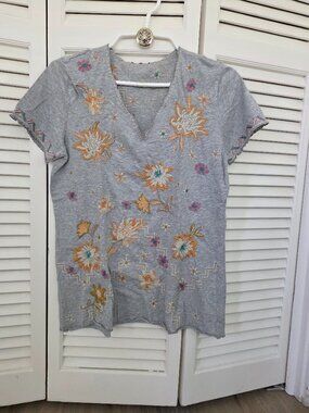 Johnny Was V-Neck Flora Embroidered Tee